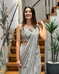 Elegant Silver Grey Handworked Drape Saree with Designer Corset Blouse