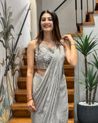 Elegant Silver Grey Handworked Drape Saree with Designer Corset Blouse