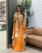 Elegant Mustard Yellow Handworked Inner, Coti & Lehenga Set