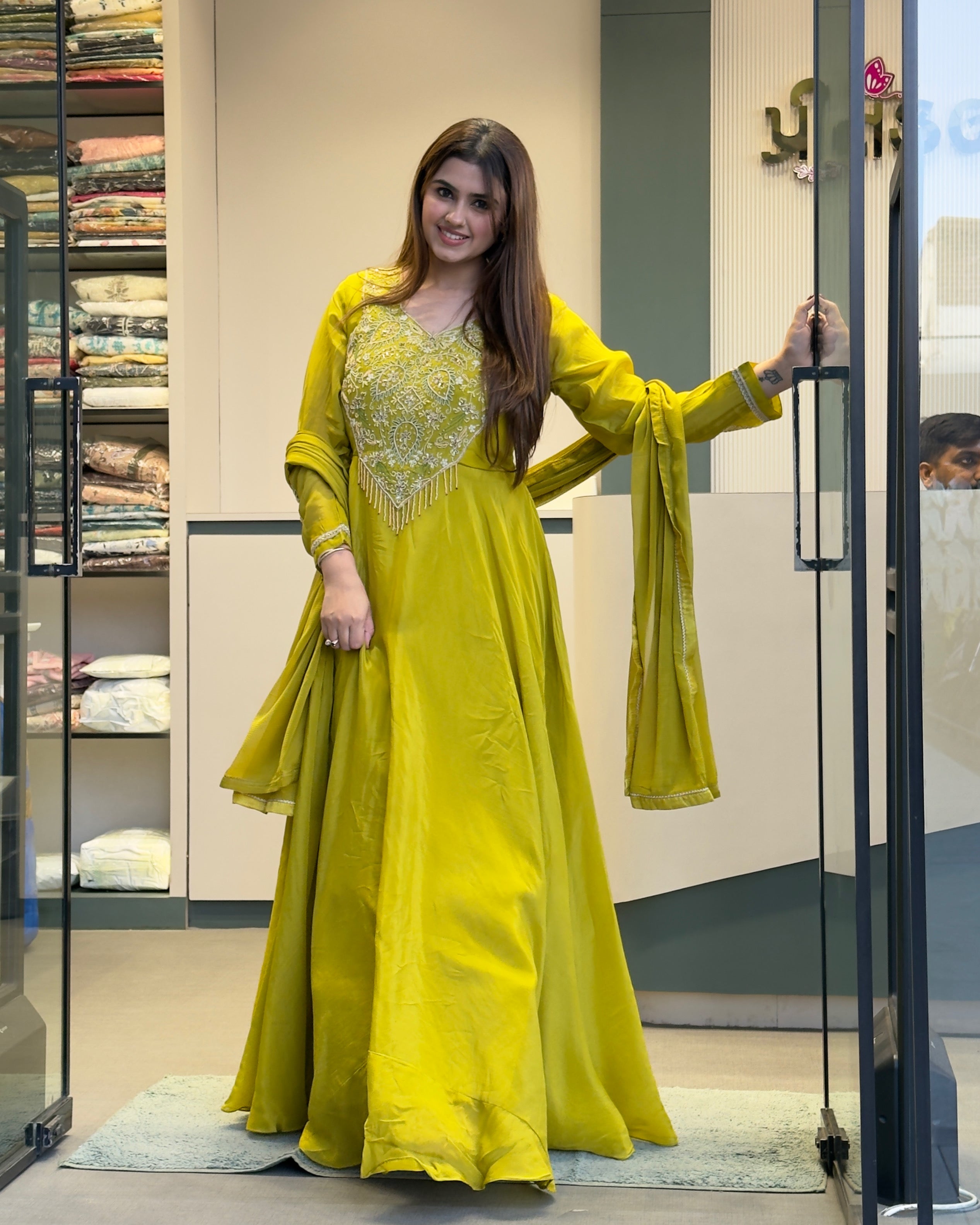 Elegant Lime Green Handworked Flared Gown Set