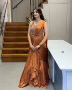 Rust Brown Designer Handworked Fish Cut Lehenga Set with Attached Dupatta