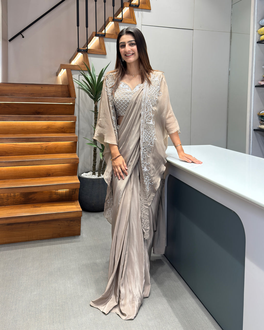 Elegant Taupe Handworked Saree Set with Designer Shrug