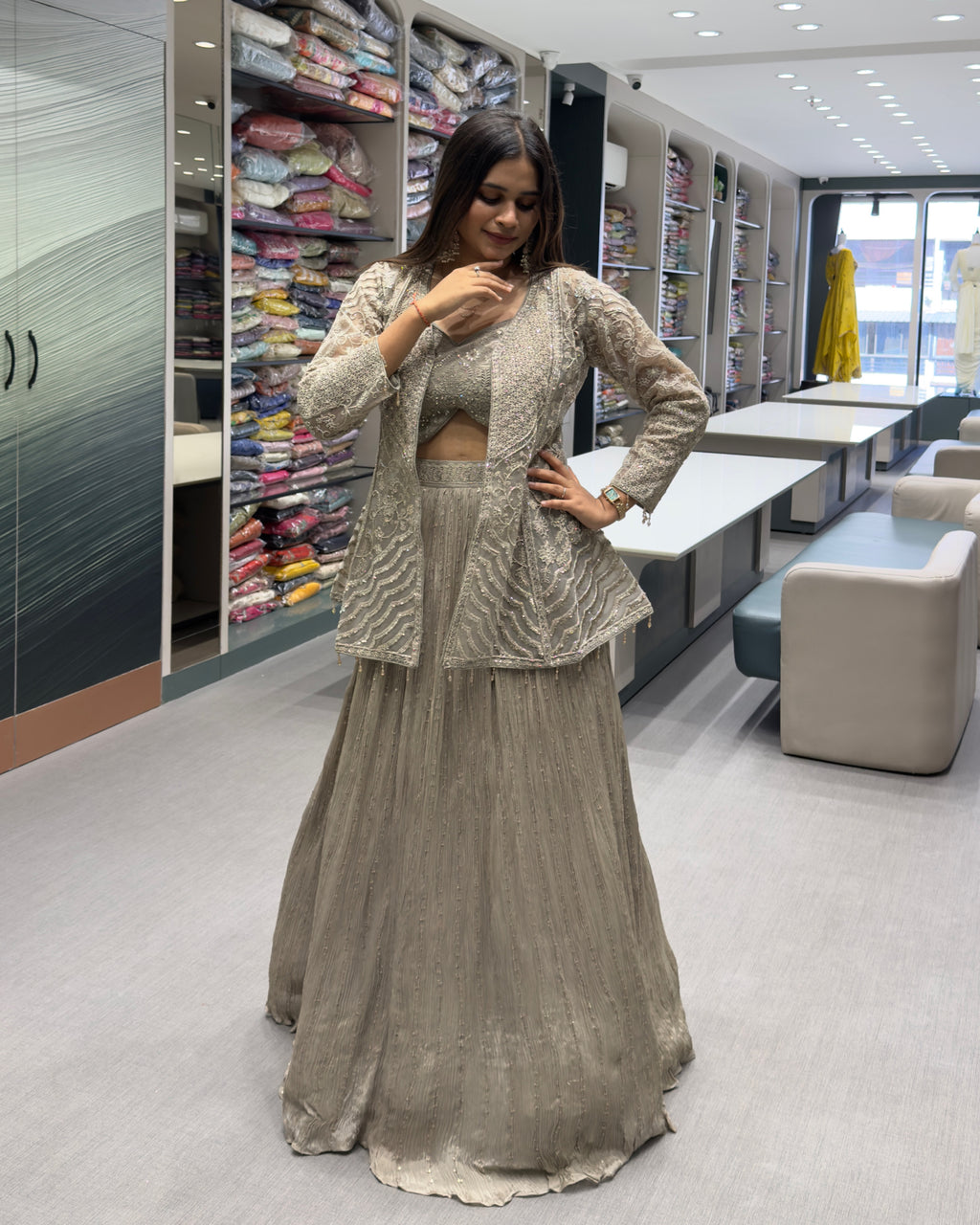 Dusty Grey Designer Handworked Koti Style Lehenga Set with Inner