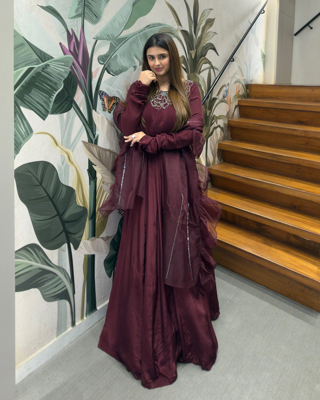 Wine Purple Handworked Flared Gown Set