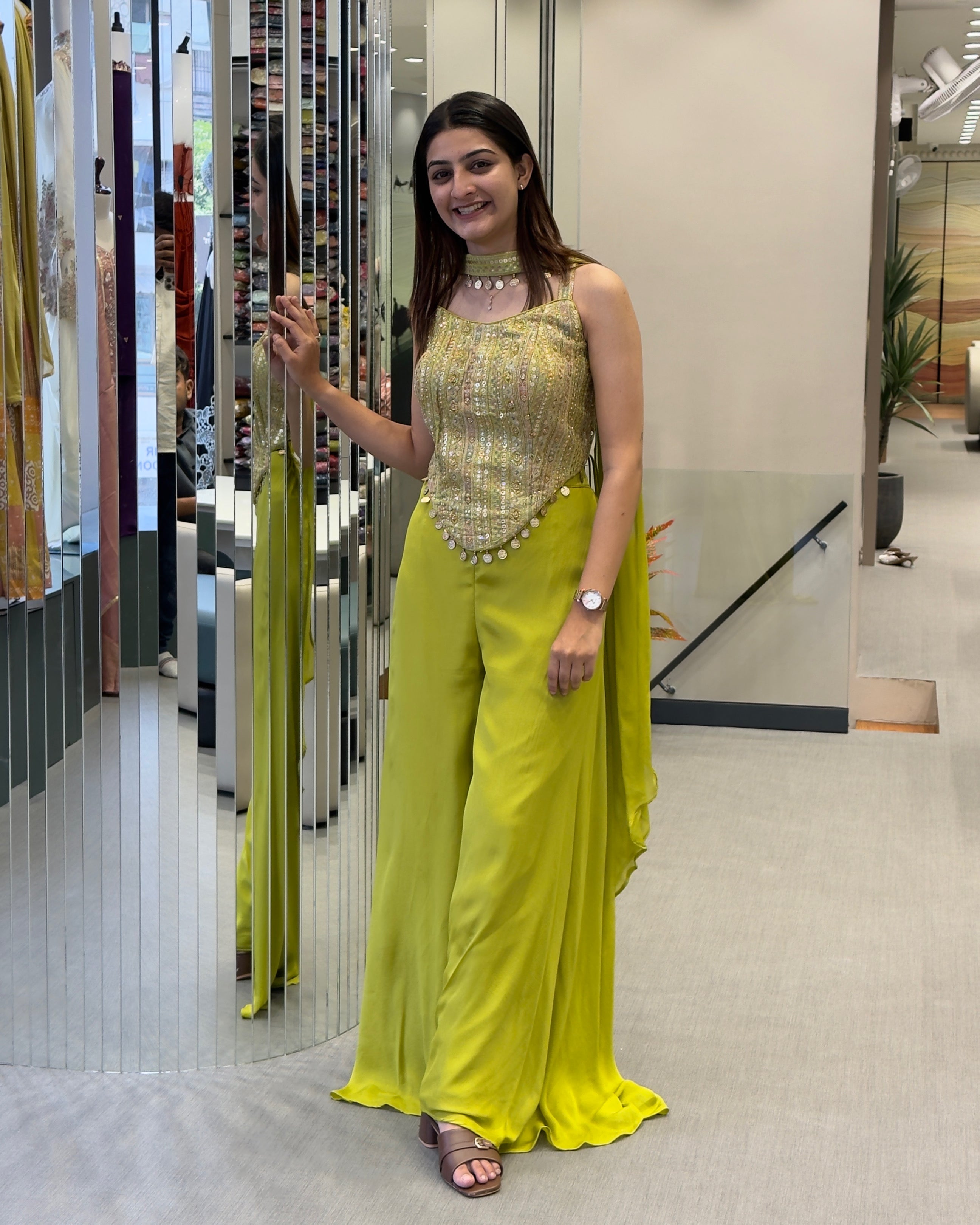 Lime Green Designer Handworked Co-Ord Set with Plazo & Neckline Dupatta