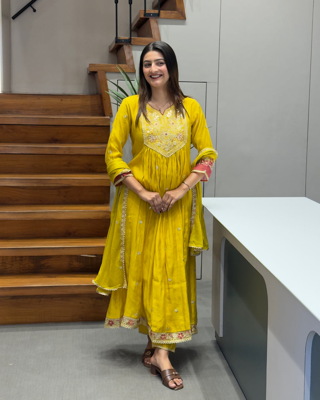 Elegant Mustard Yellow Handwork Three Piece Suit Set