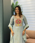Elegant Ice Blue Handwork Three Piece Suit Set