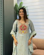 Elegant Ice Blue Handwork Three Piece Suit Set