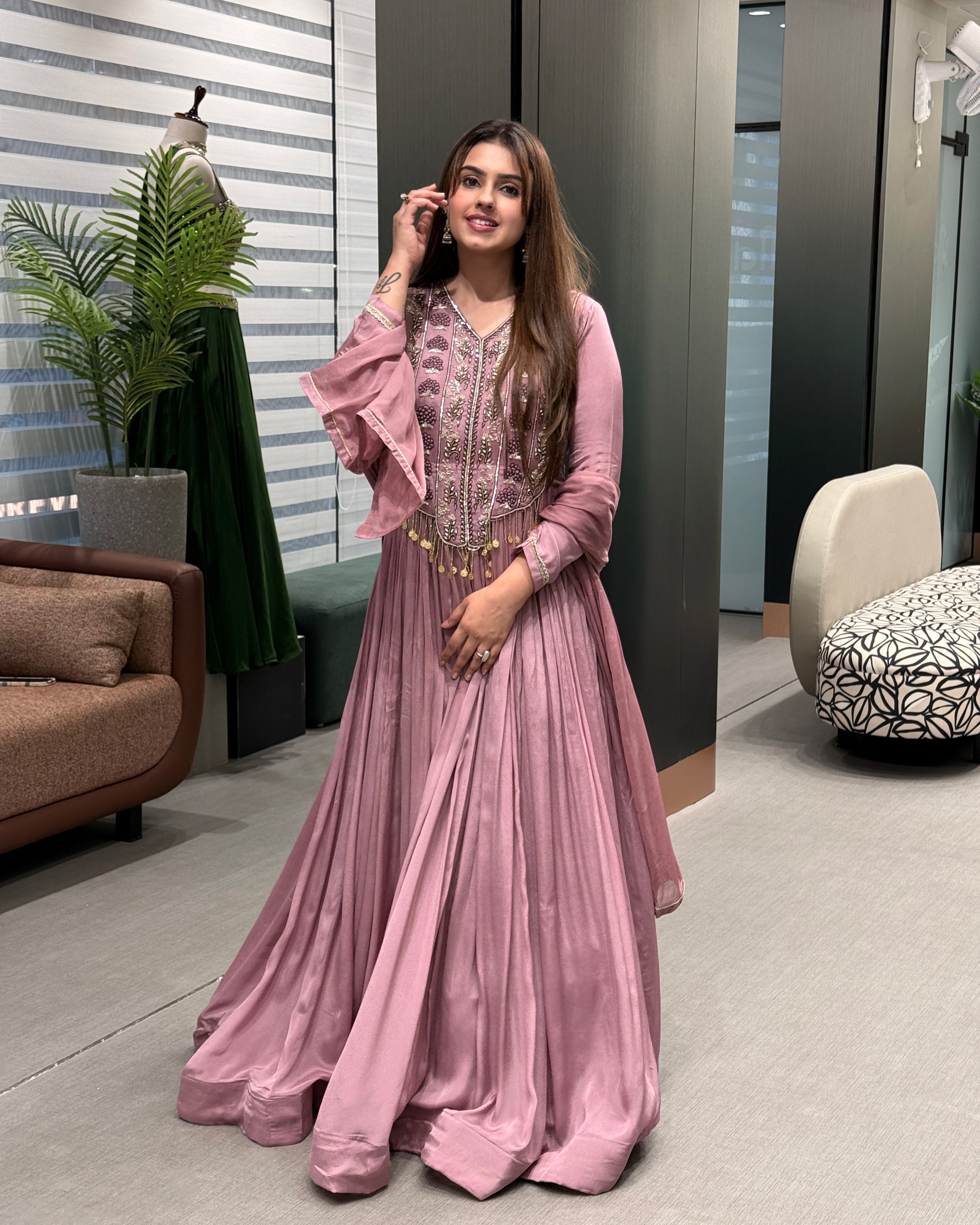 Mauve Handwork Designer Gown Set with Dupatta