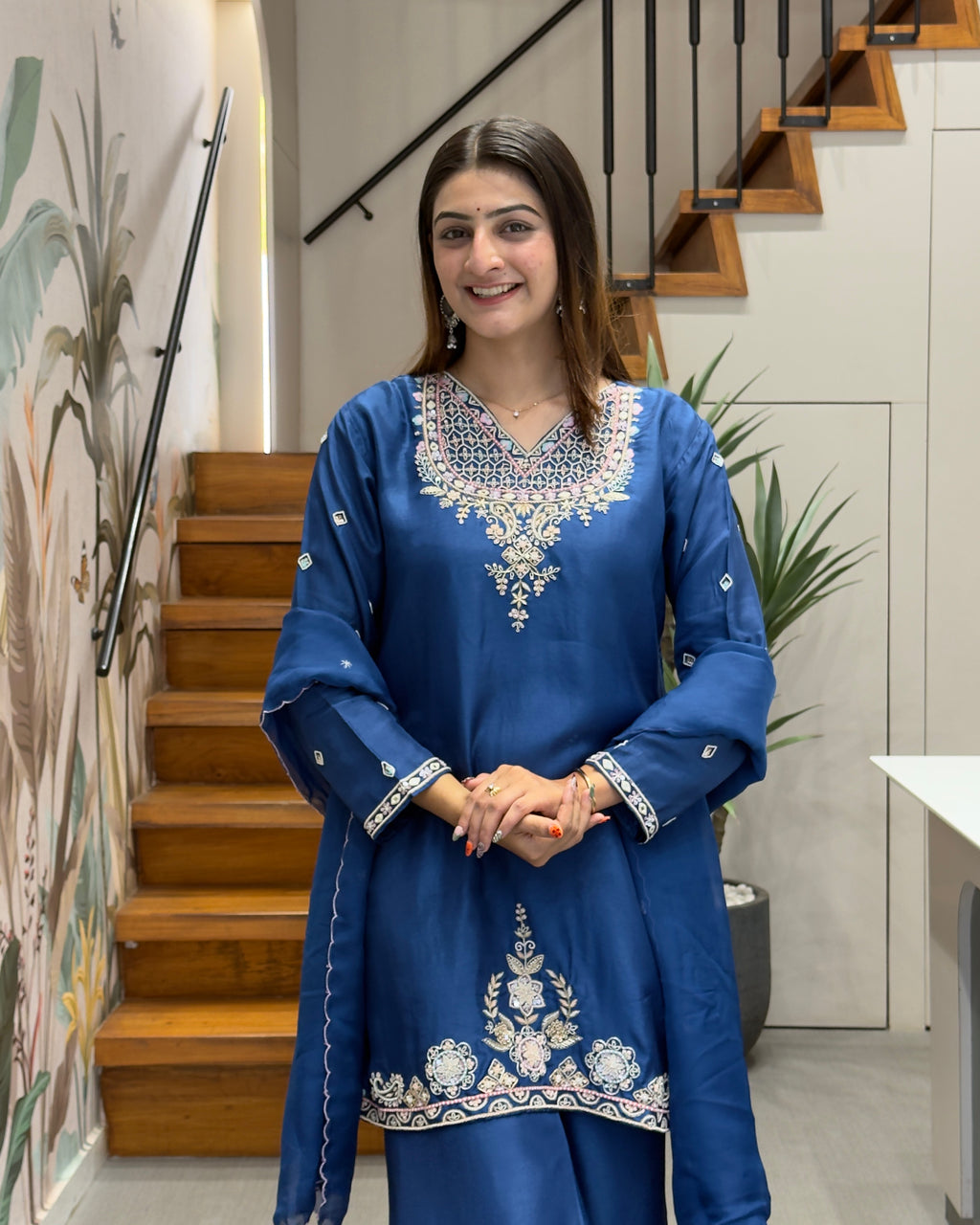 Royal Blue Handworked Silk Kurta Set with Dupatta