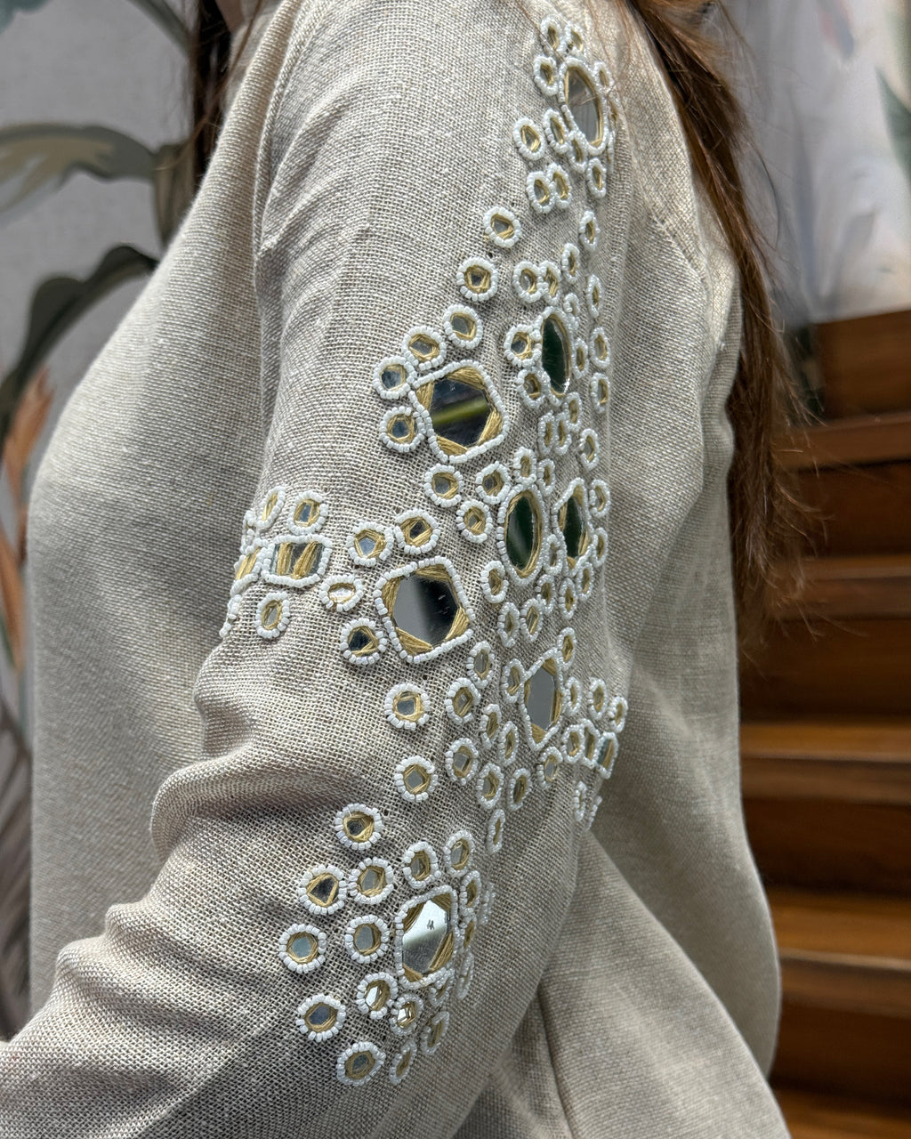 Elegant Beige Mirror Work Cotton Linen Co-Ord Set