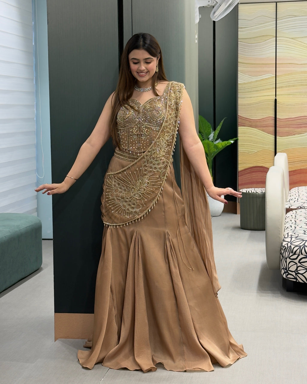 Elegant Coffee Brown Handworked Drape Saree Style Cordset
