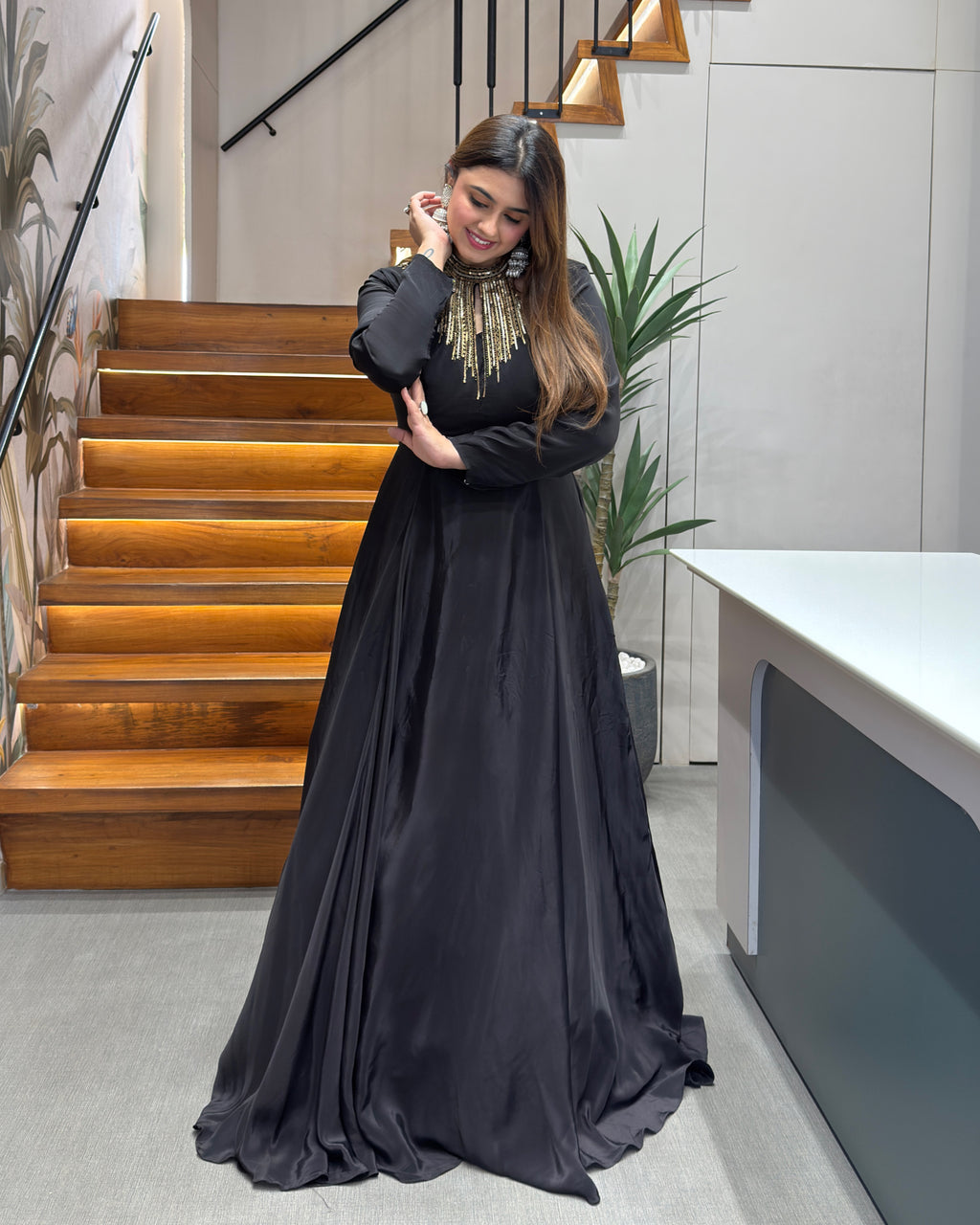 Elegant Black Handworked Flared Gown Set with Dupatta