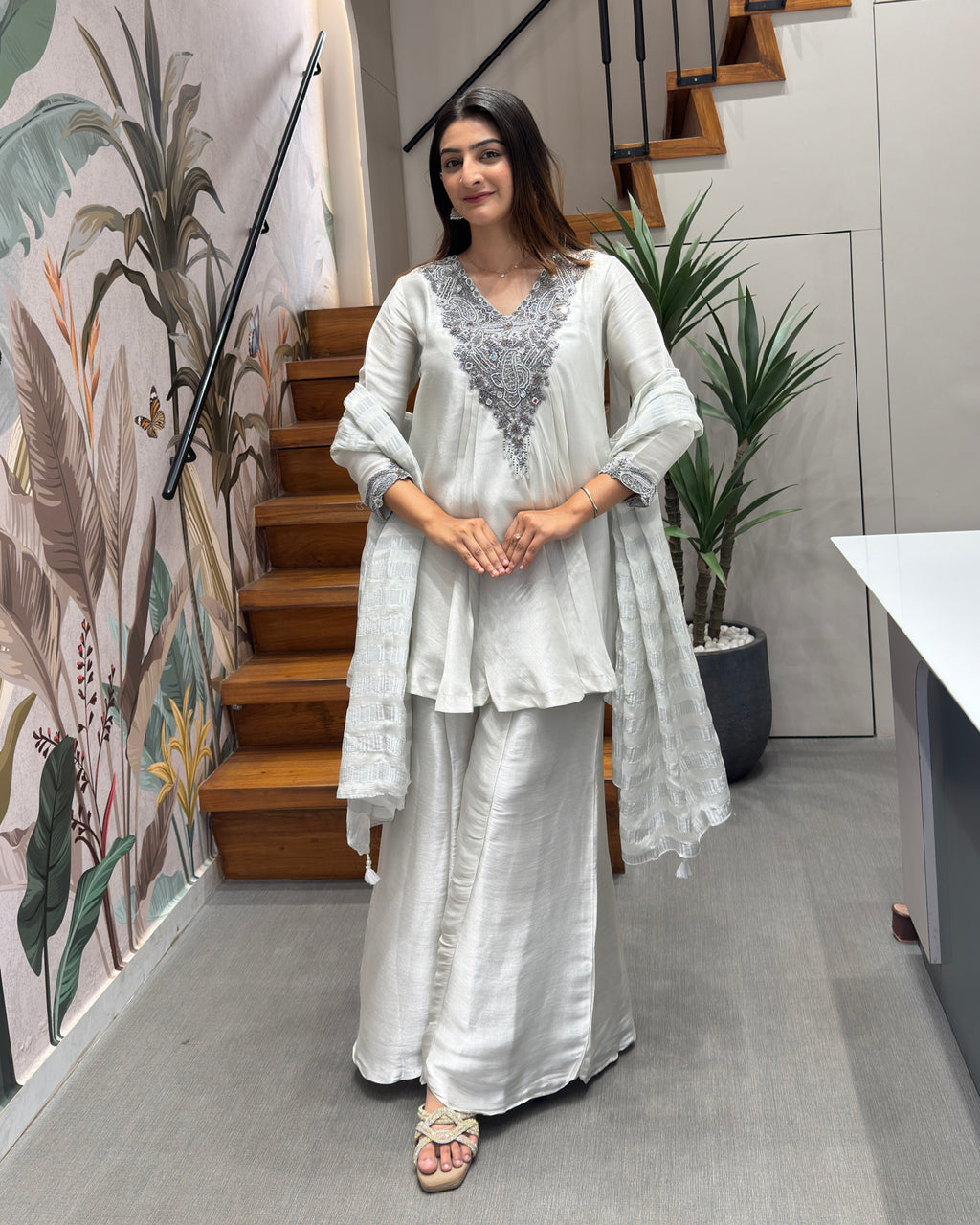 Silver Mist Handwork Kurta Palazzo Set ✨🤍