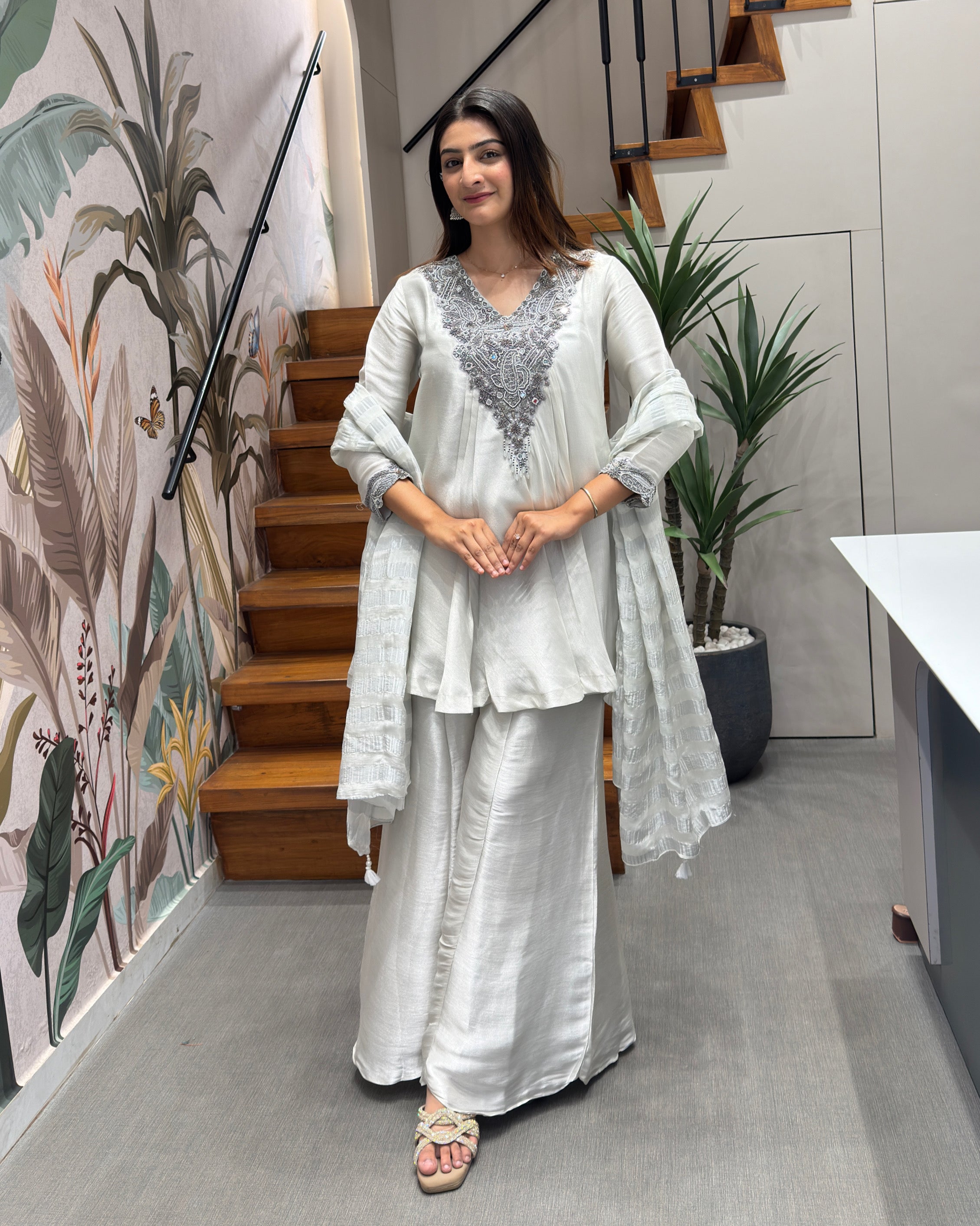 Silver Mist Handwork Kurta Palazzo Set ✨🤍