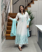Elegant White & Aqua Cotton Three Piece Suit Set