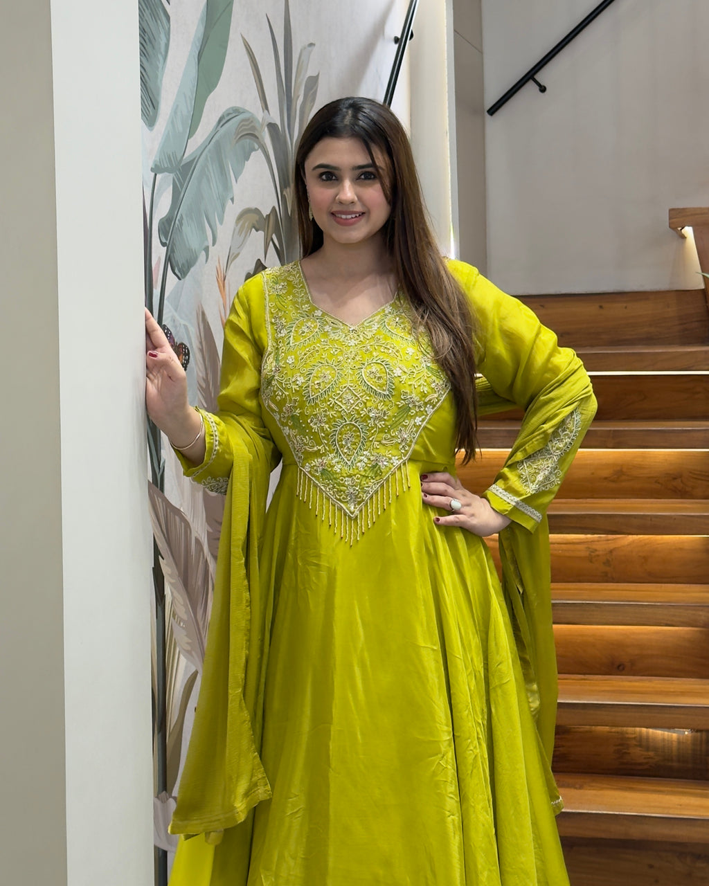 Elegant Lime Green Handworked Flared Gown Set