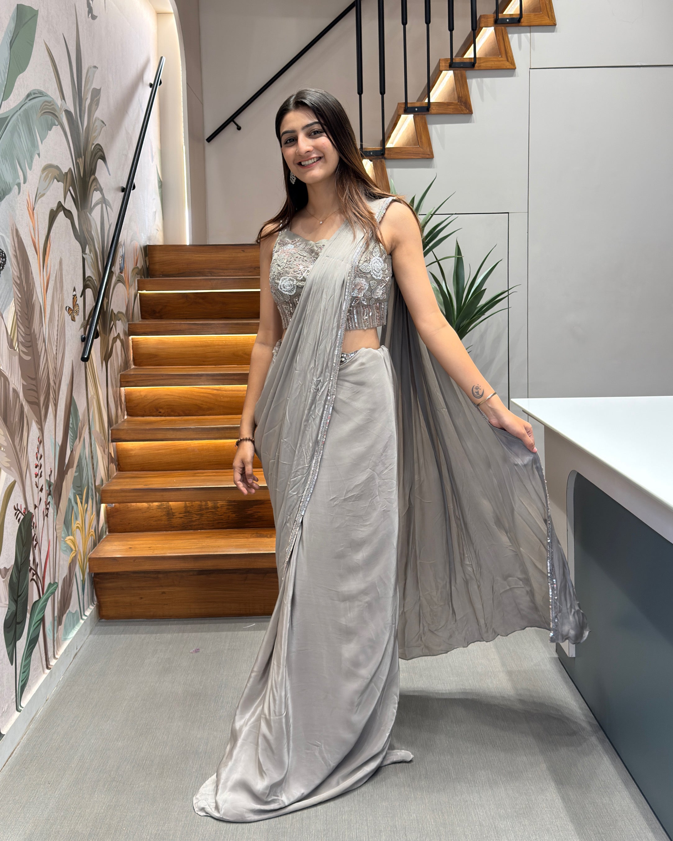 Elegant Silver Grey Handworked Drape Saree with Designer Corset Blouse
