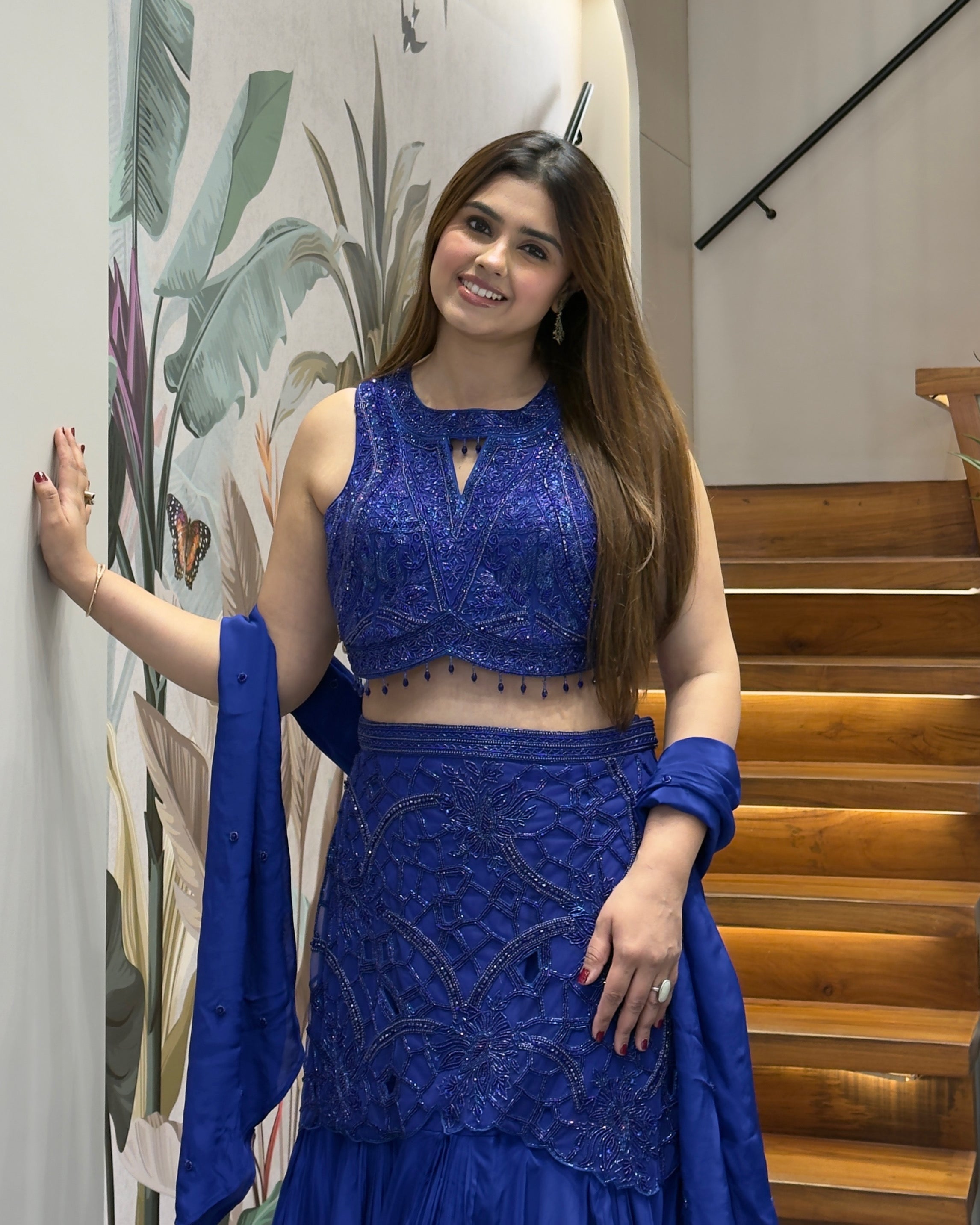 Royal Blue Pure Handworked Fish Cut Lehenga Set with Designer Blouse & Dupatta