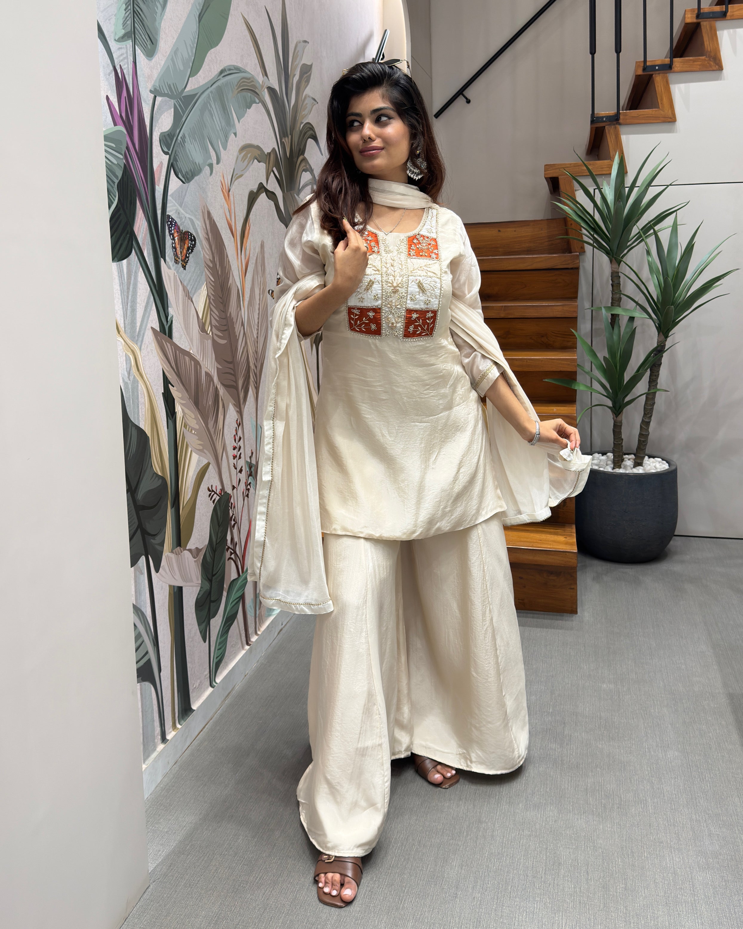 Elegant Ivory Handworked Palazzo Set with Dupatta