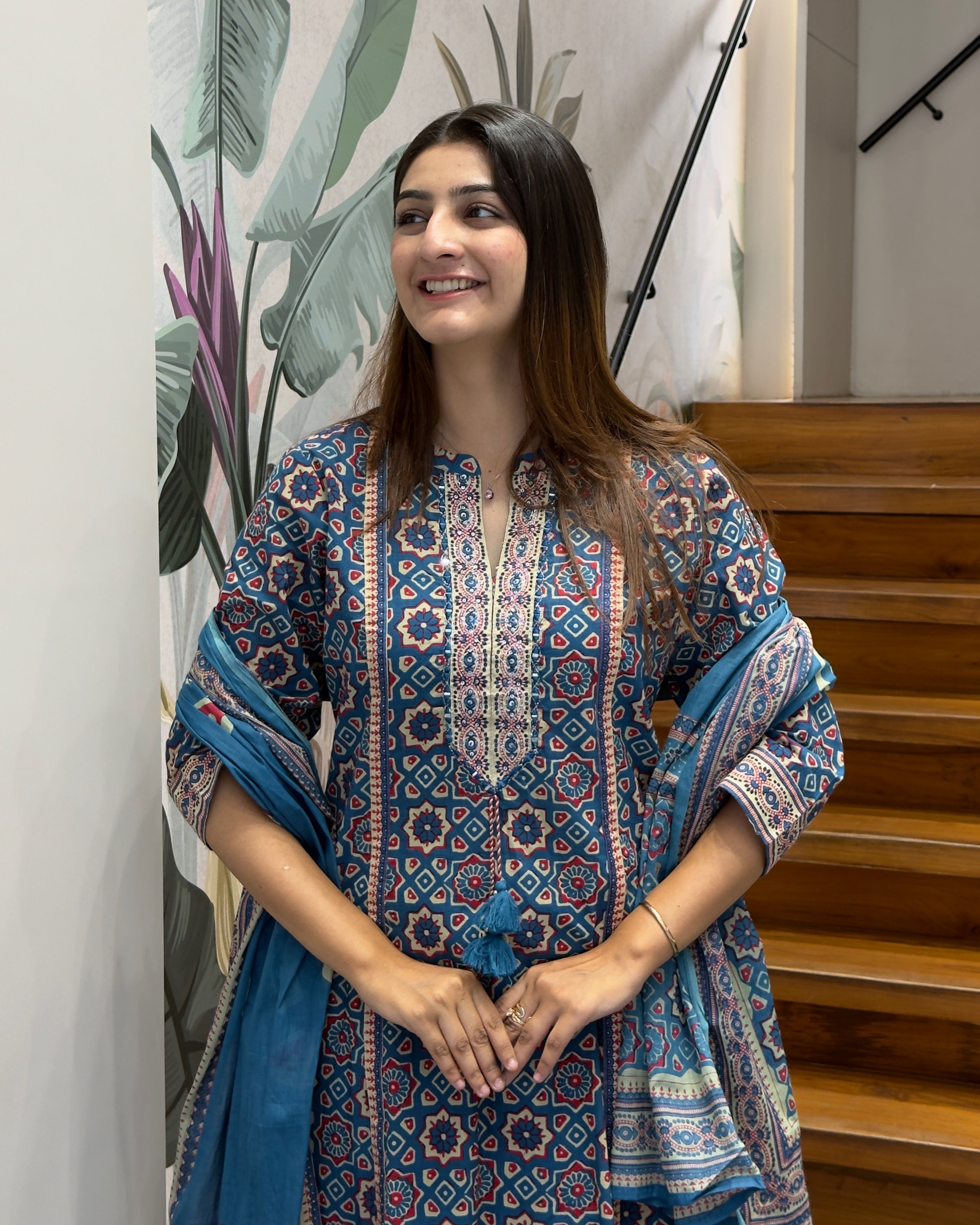 Printed Full Length Kurti with Full Flair Palazzo & Dupatta Set