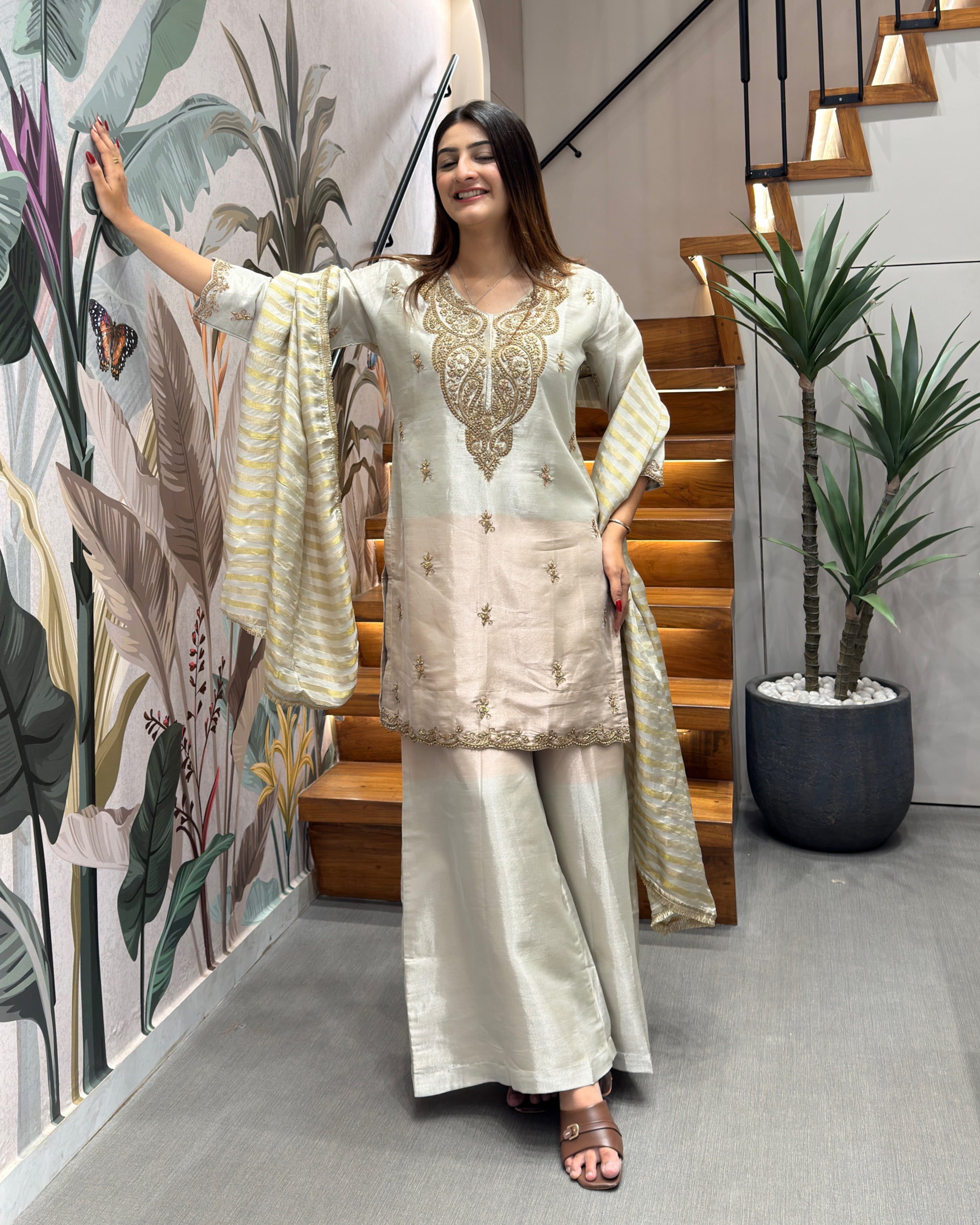 Elegant Handworked Tissue Silk Kurta Palazzo Set with Designer Dupatta
