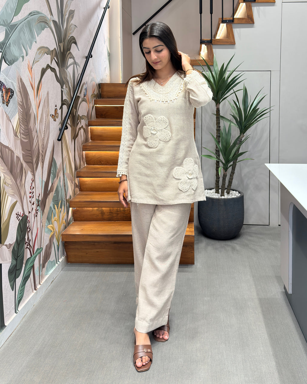 Elegant Cotton Floral Appliqué Co-Ord Set