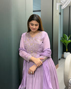 Lavender Handworked Flared Gown Set with Dupatta