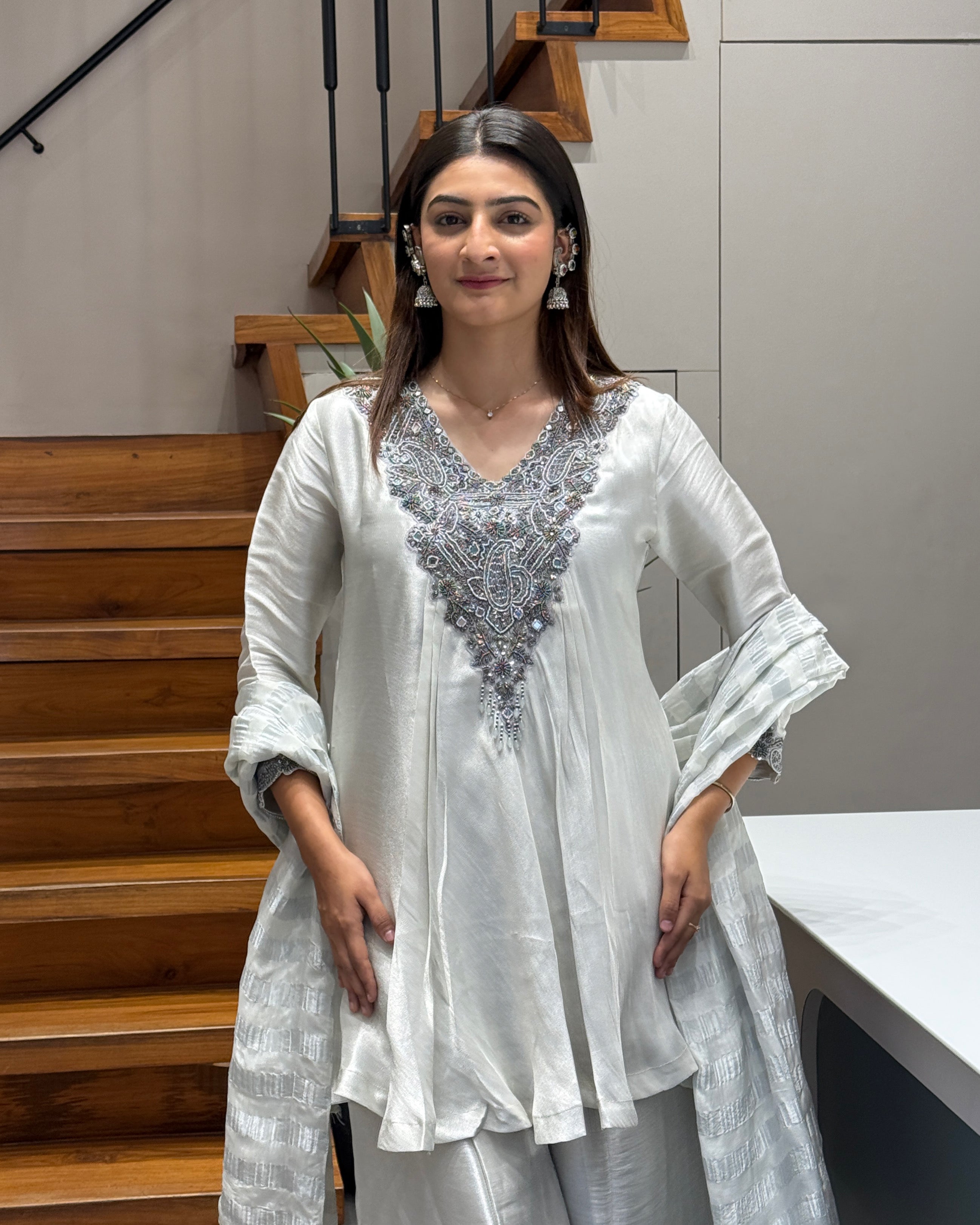 Silver Mist Handwork Kurta Palazzo Set ✨🤍