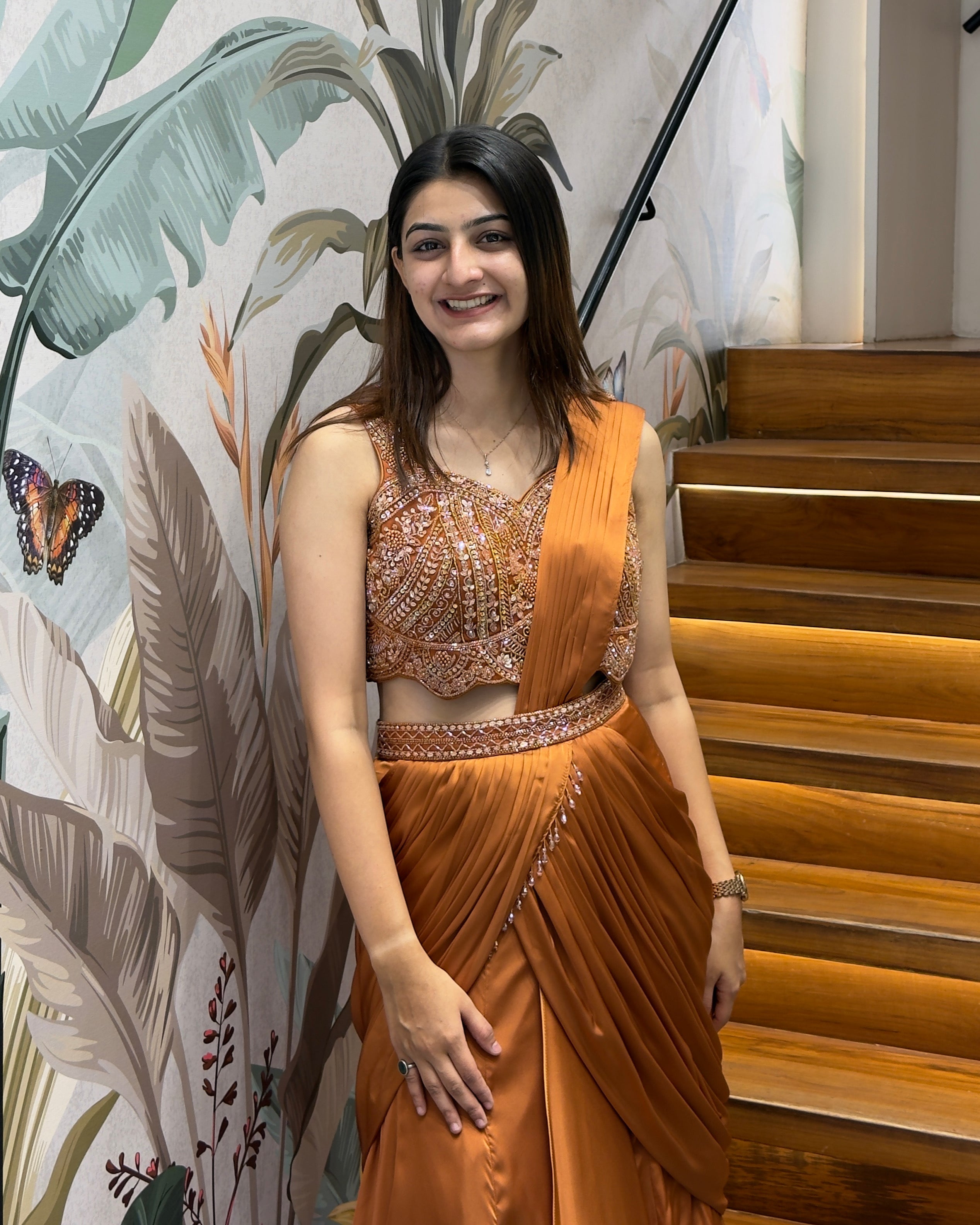 Rust Brown Designer Handworked Fish Cut Lehenga Set with Attached Dupatta