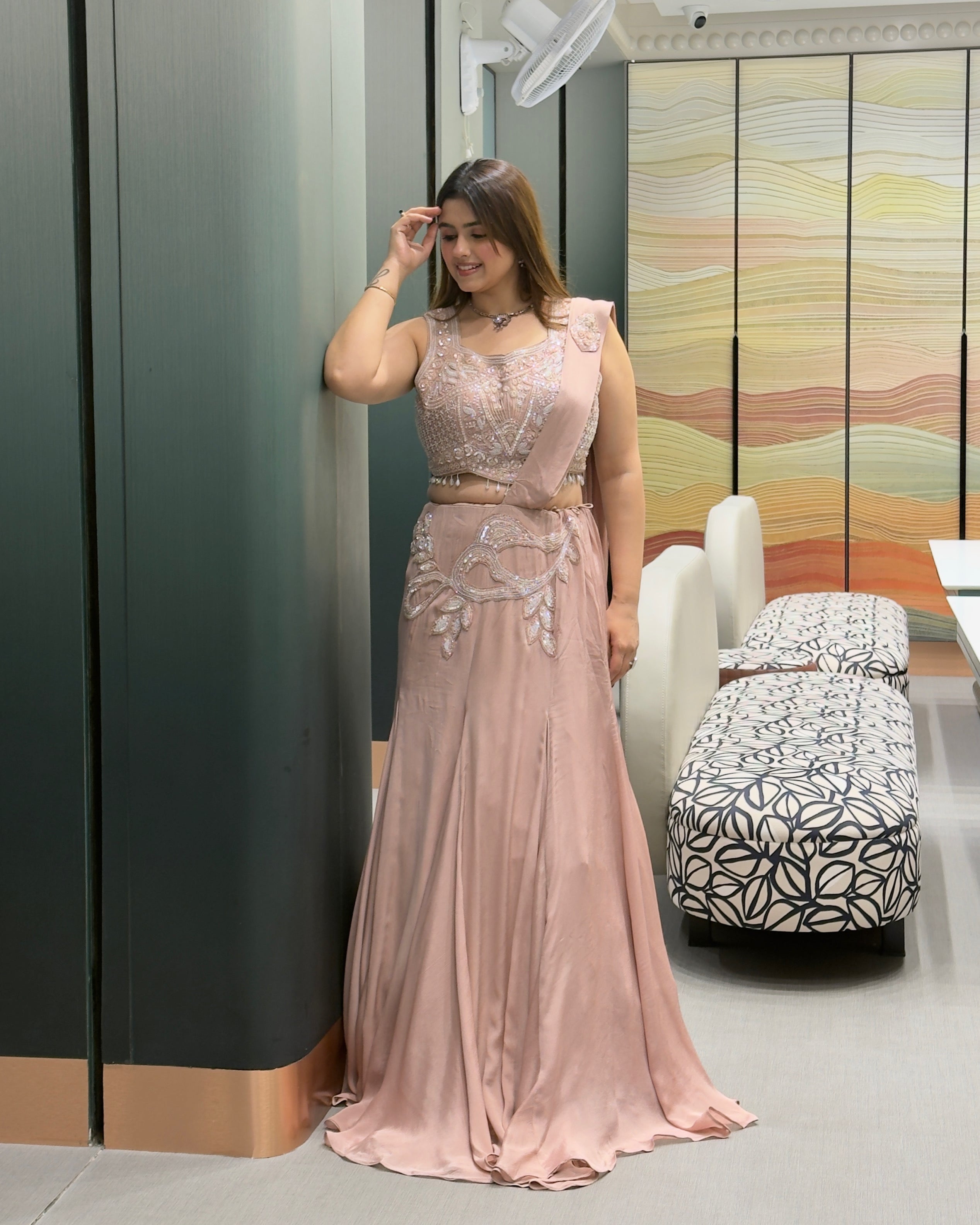 Blush Pink Handworked Fish Cut Lehenga Set with Attached Dupatta