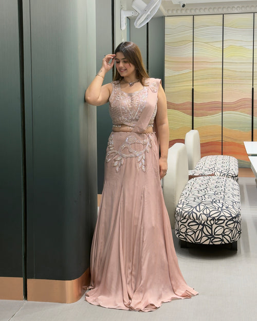 Blush Pink Handworked Fish Cut Lehenga Set with Attached Dupatta