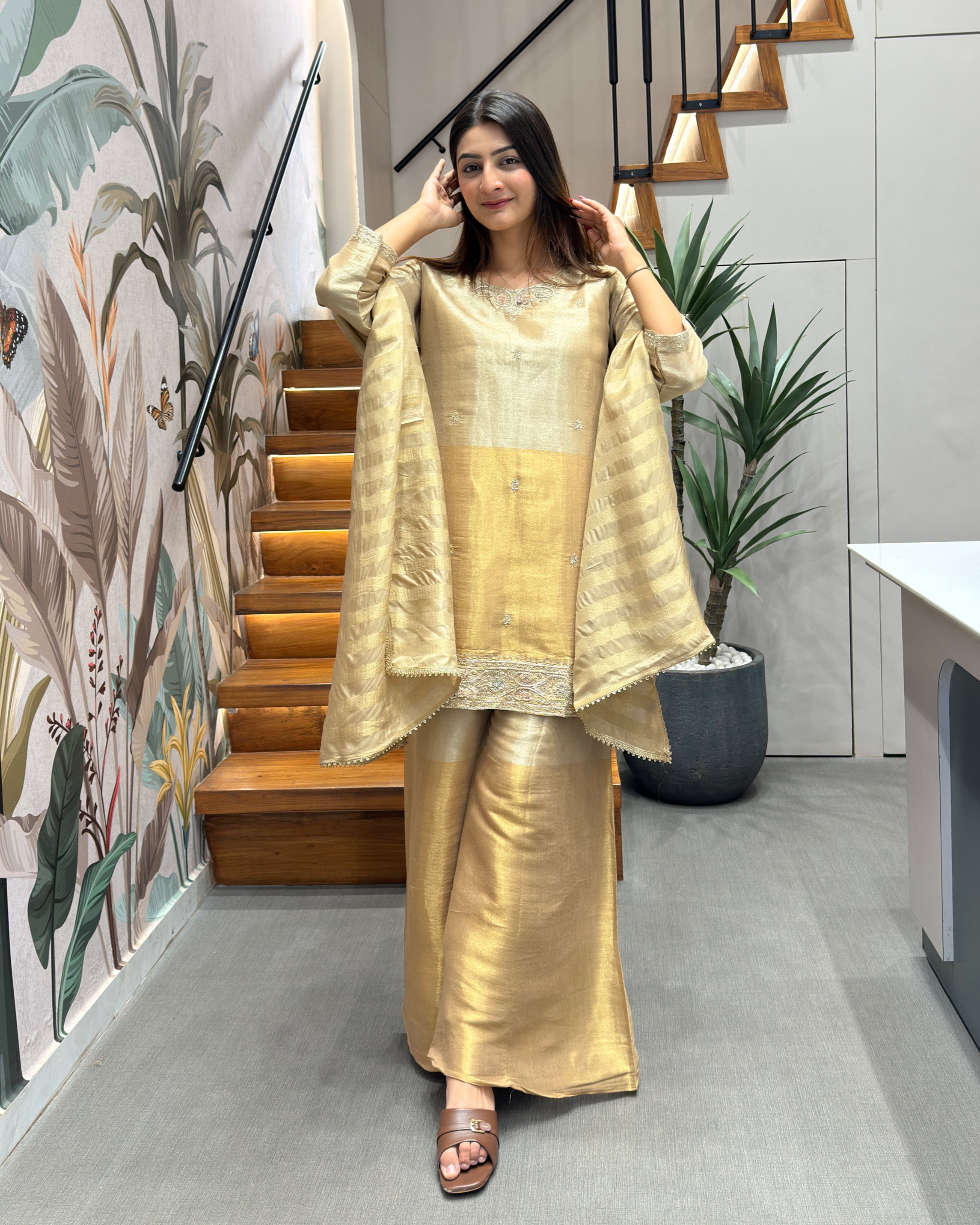 Elegant Champagne Gold Handworked Palazzo Set with Dupatta
