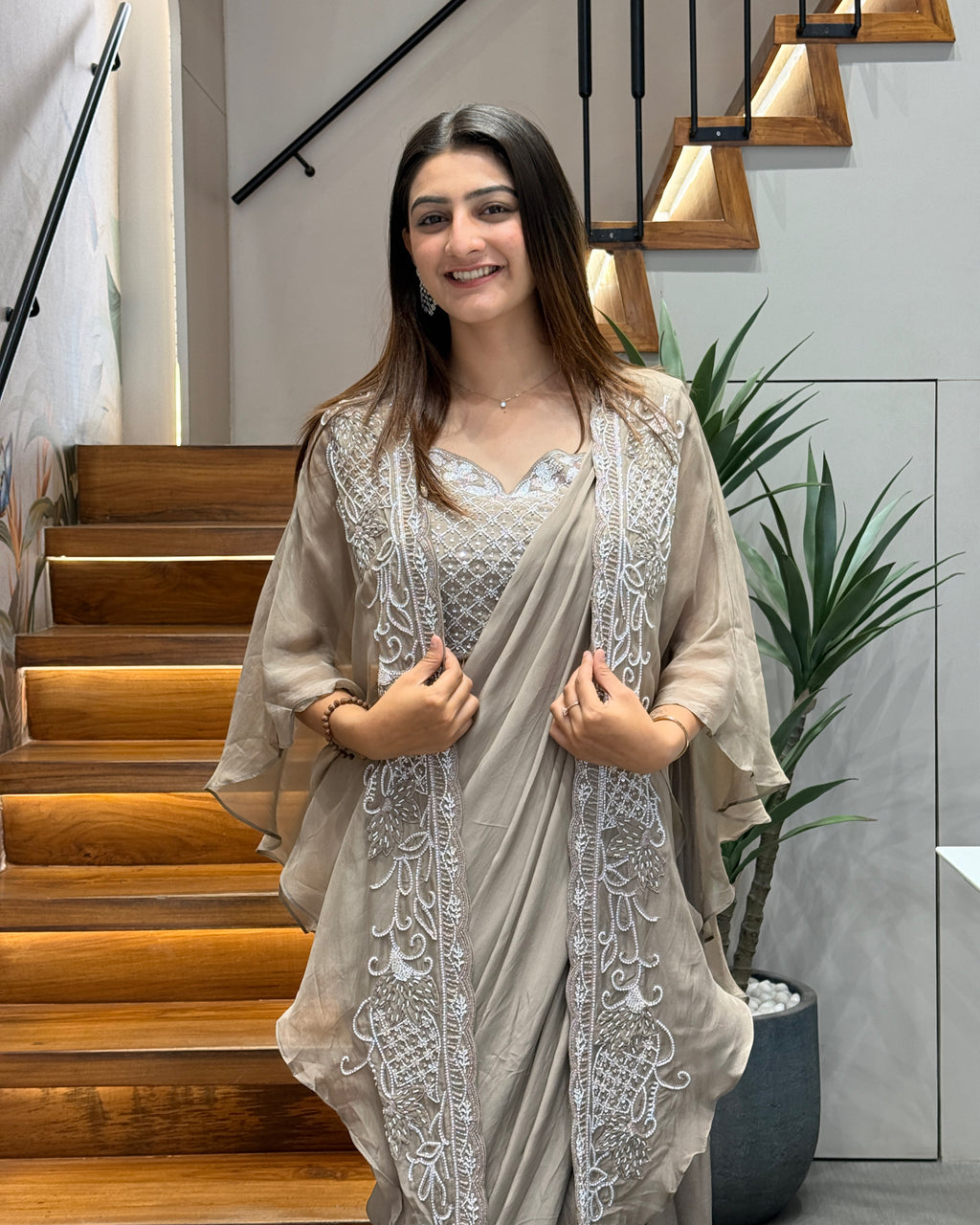 Elegant Taupe Handworked Saree Set with Designer Shrug