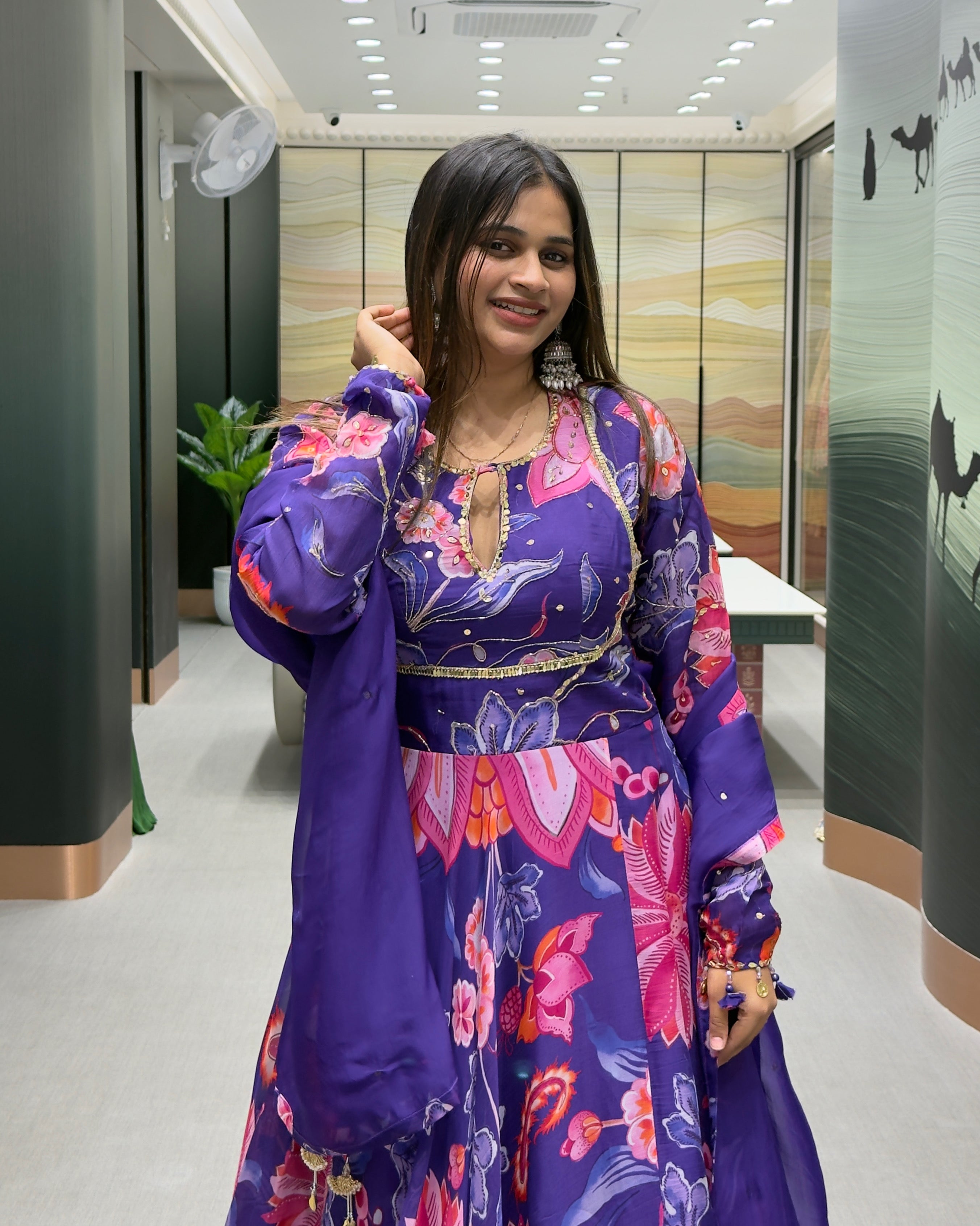 Royal Purple Floral Handwork Gown Set with Dupatta