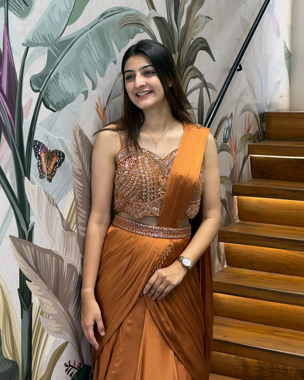 Rust Brown Designer Handworked Fish Cut Lehenga Set with Attached Dupatta