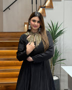 Elegant Black Handworked Flared Gown Set with Dupatta