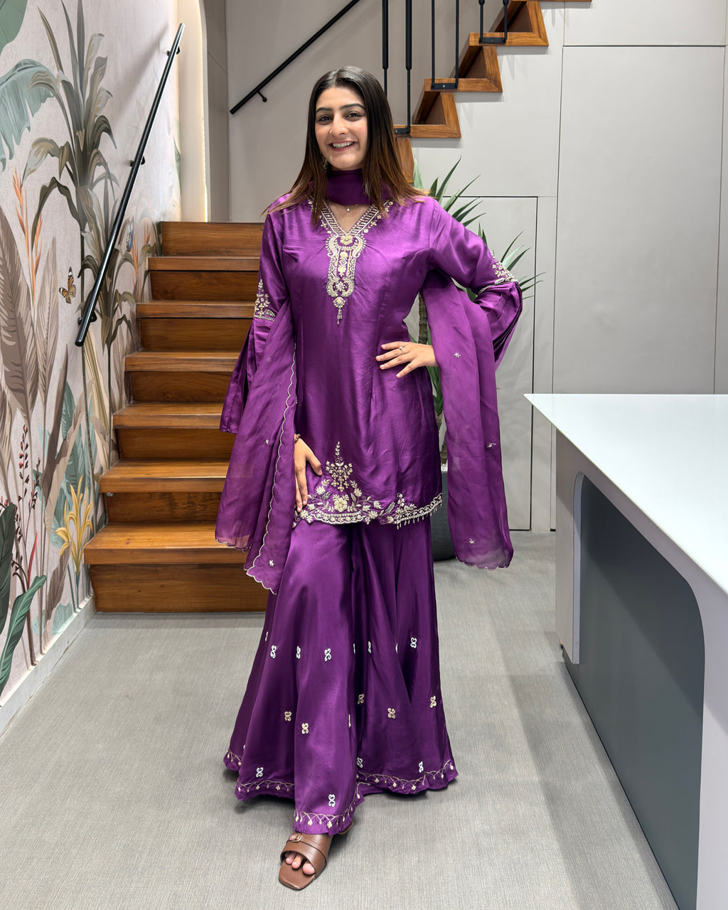 Royal Purple Pure Handworked Kurta Palazzo Set with Dupatta