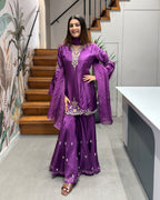 Royal Purple Pure Handworked Kurta Palazzo Set with Dupatta