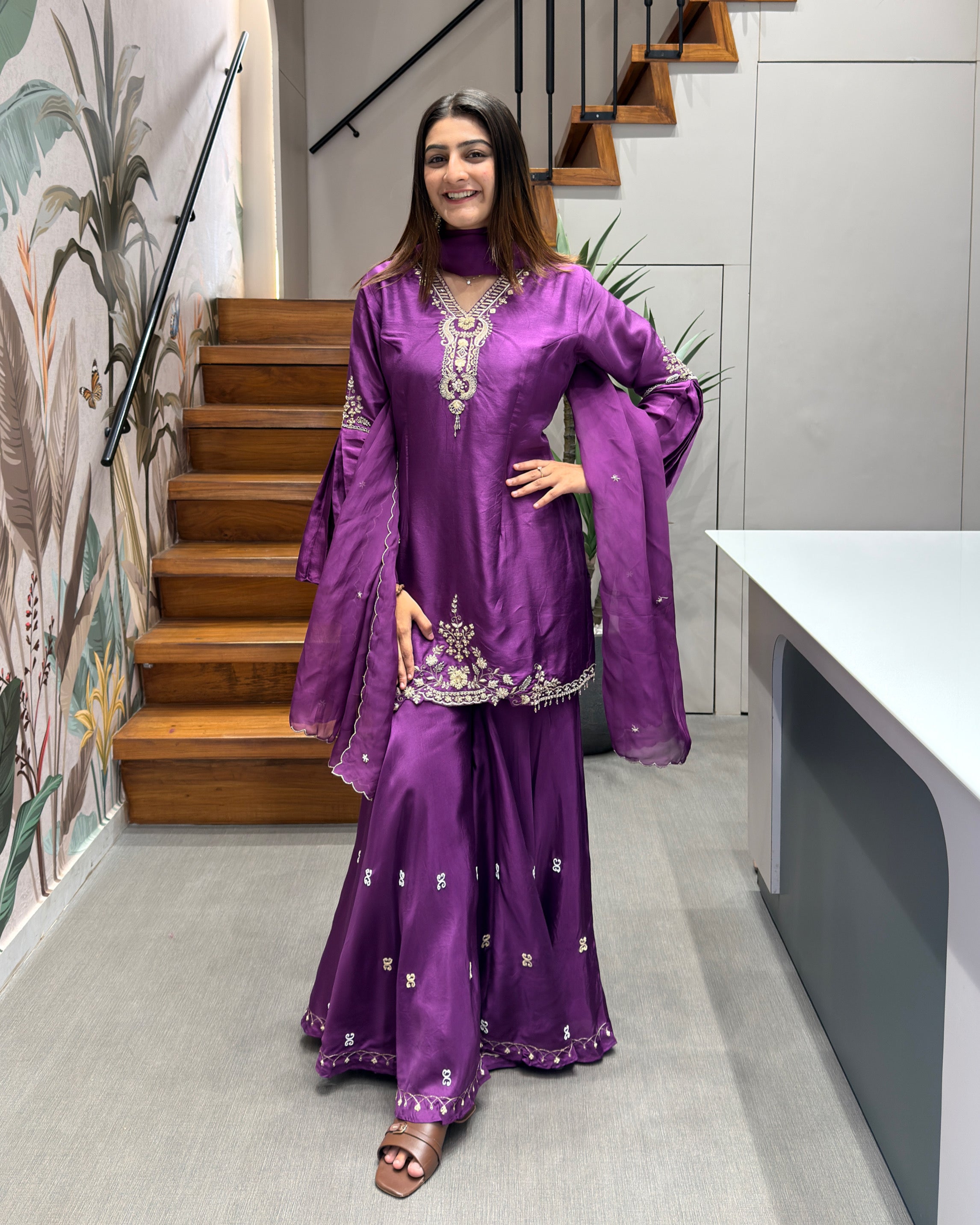 Royal Purple Pure Handworked Kurta Palazzo Set with Dupatta
