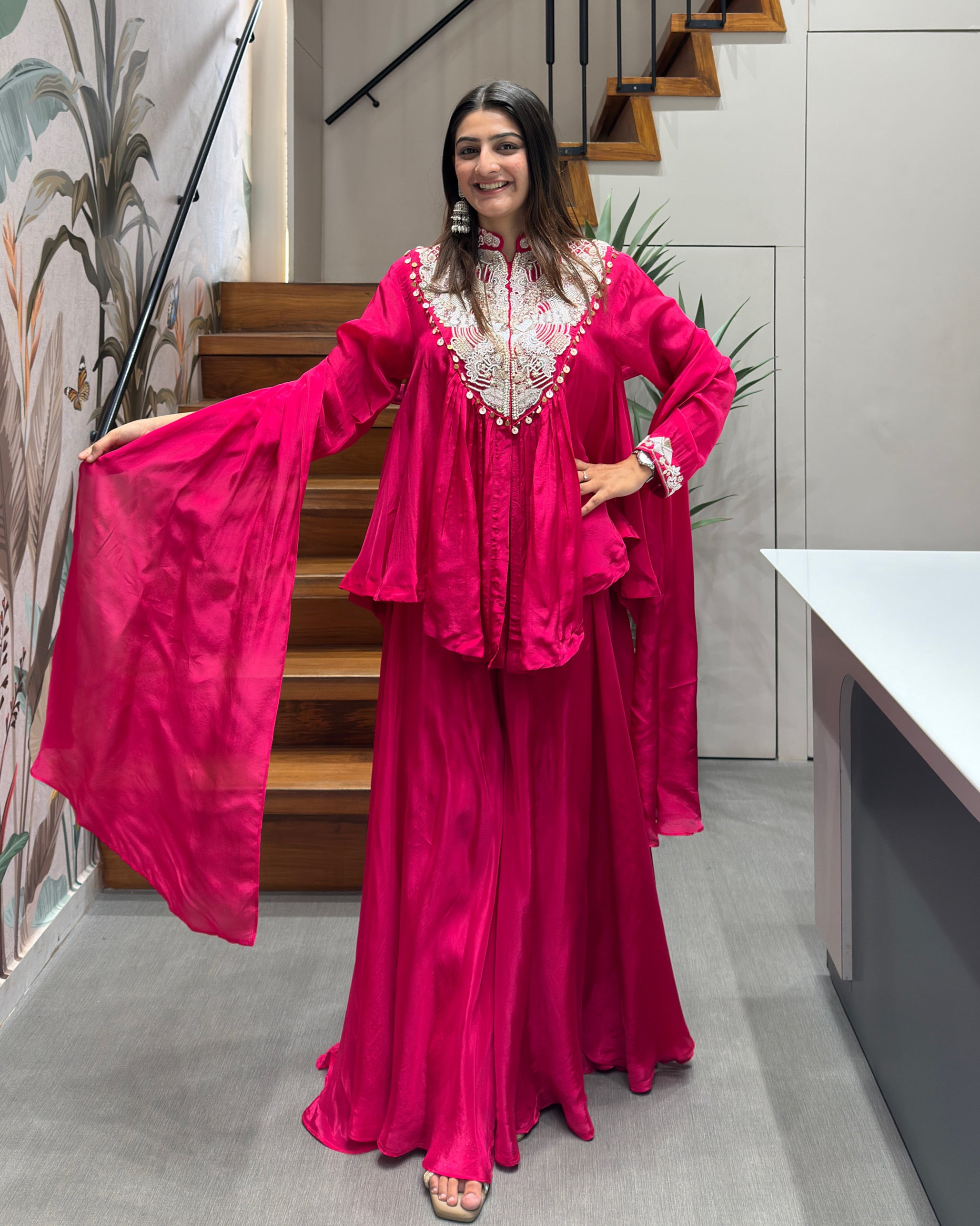Designer Rani Pink Handworked Peplum Palazzo Set
