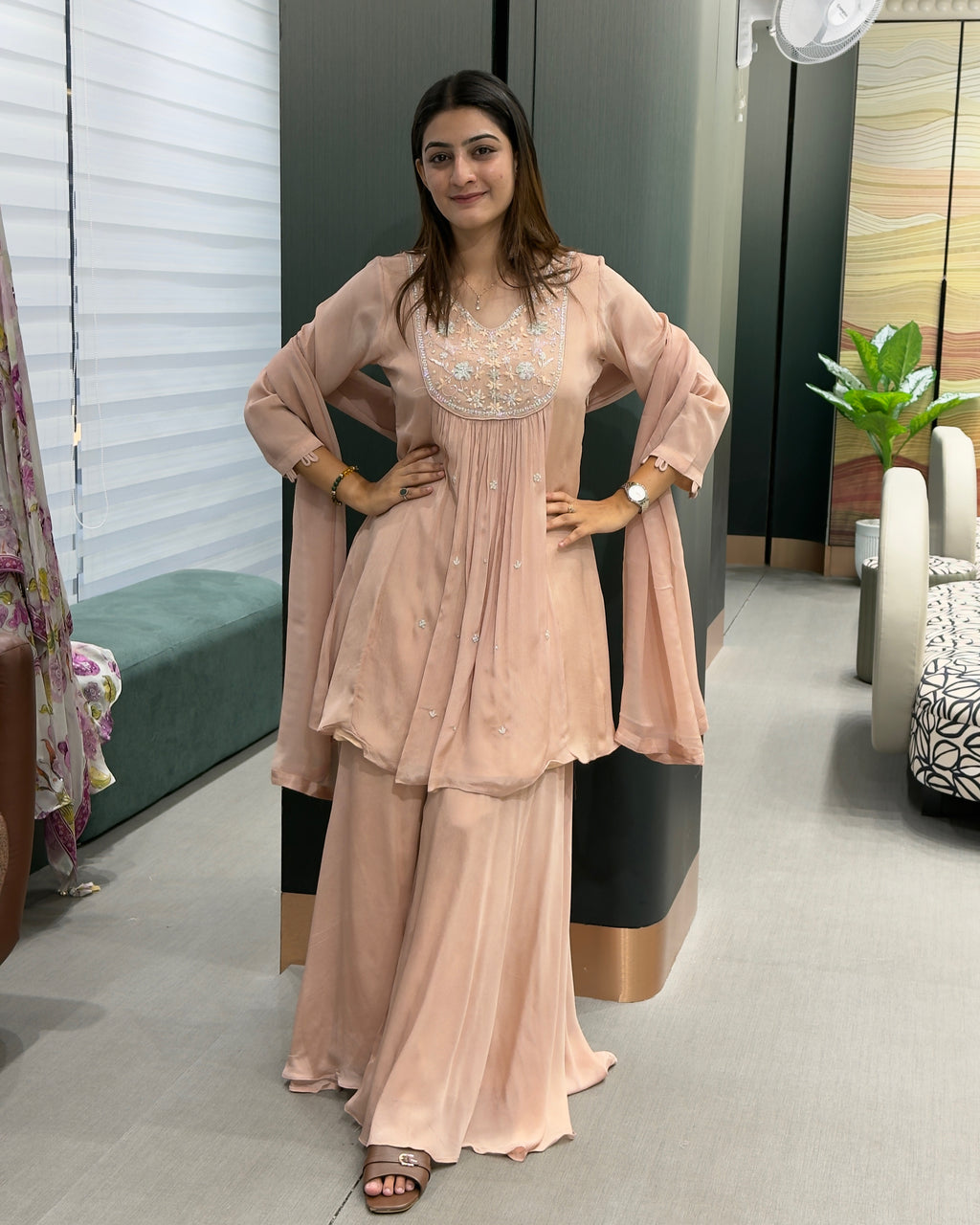 Luxury Handwork Chinon Kurta Plazo Set with Dupatta