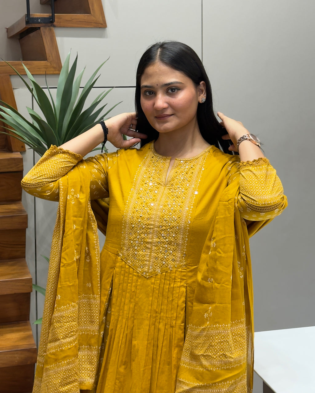 Elegant Mustard Yellow Handworked Three Piece Kurta Set