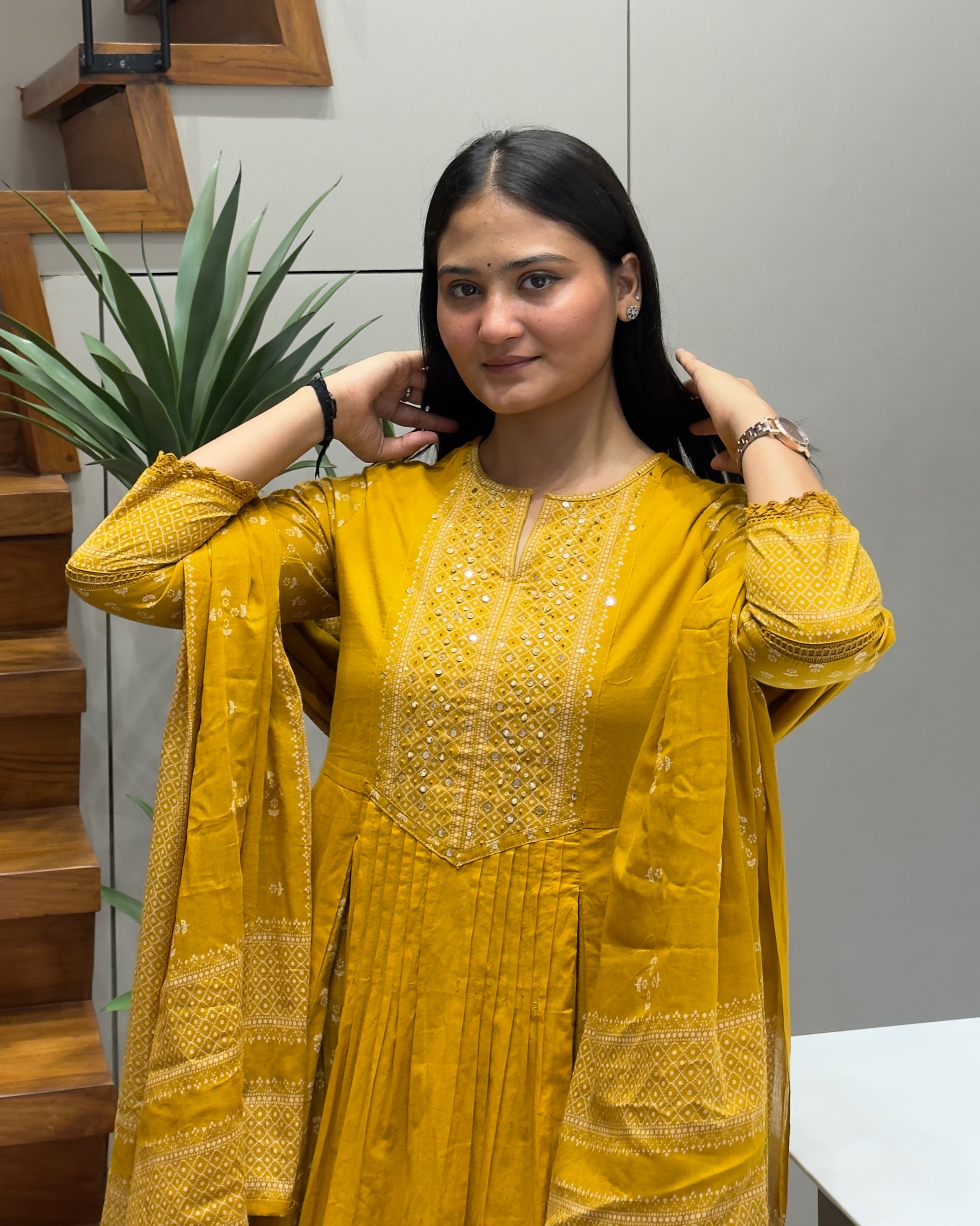 Elegant Mustard Yellow Handworked Three Piece Kurta Set