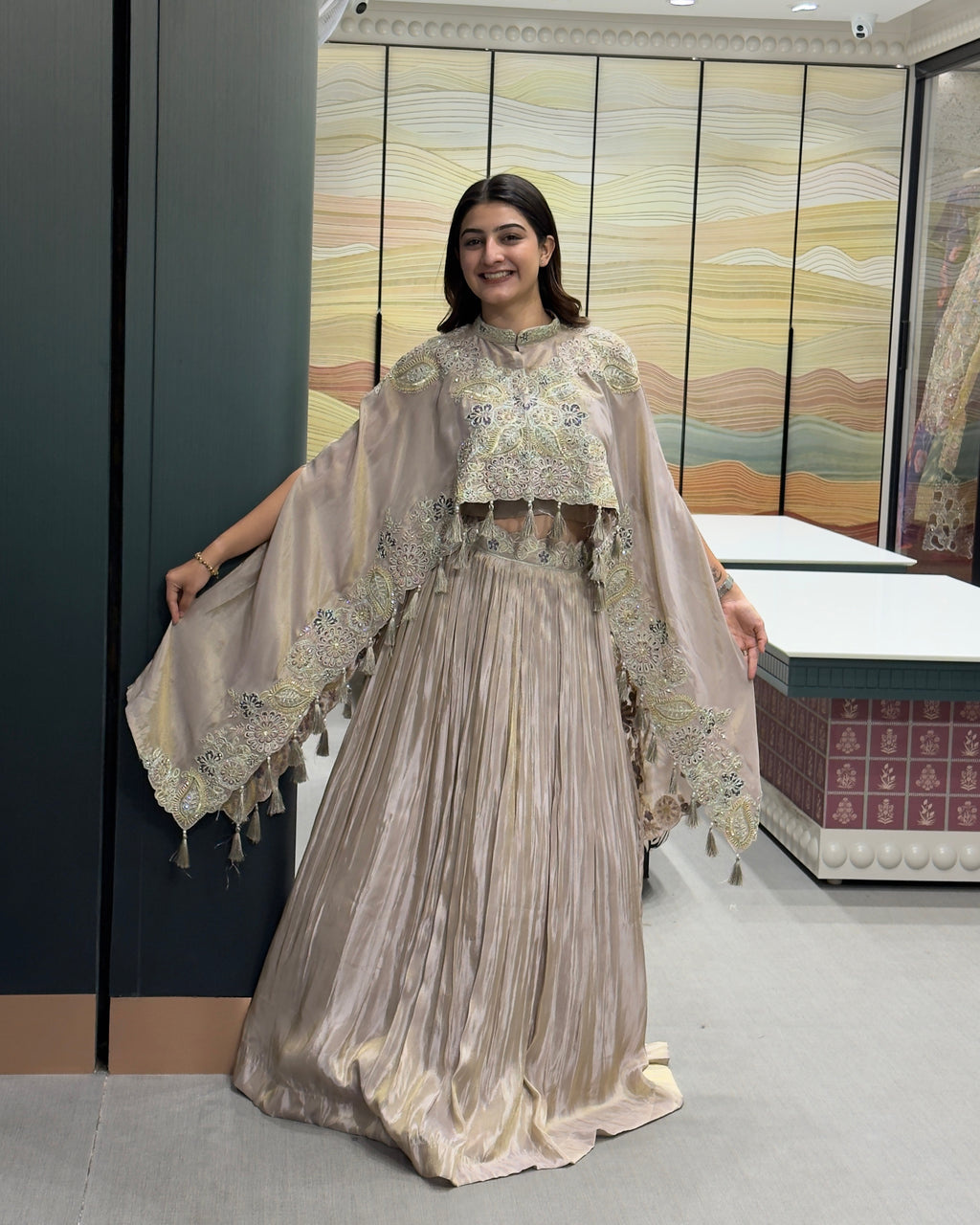 Champagne Gold Designer Handworked Cape Style Lehenga Set with Inner