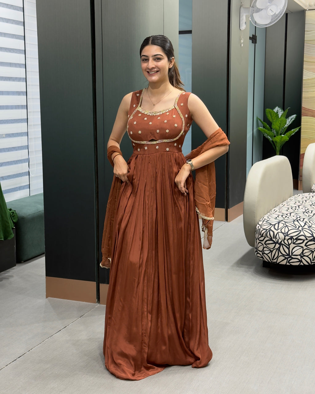 Elegant Handwork Flowy Gown Set with Dupatta