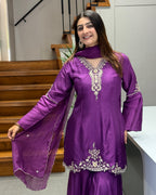Royal Purple Pure Handworked Kurta Palazzo Set with Dupatta