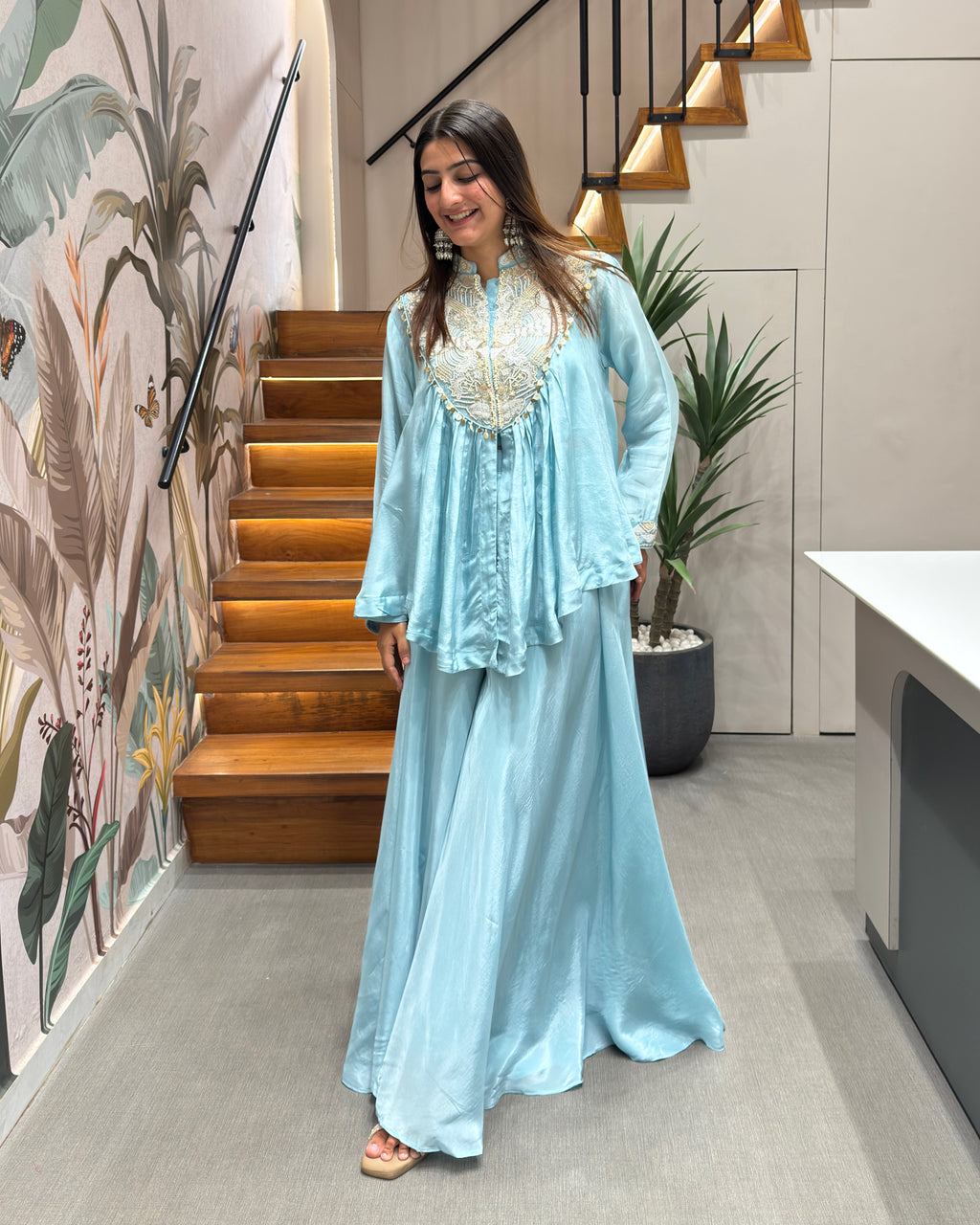 Sky Blue Handworked Peplum Palazzo Set with Dupatta