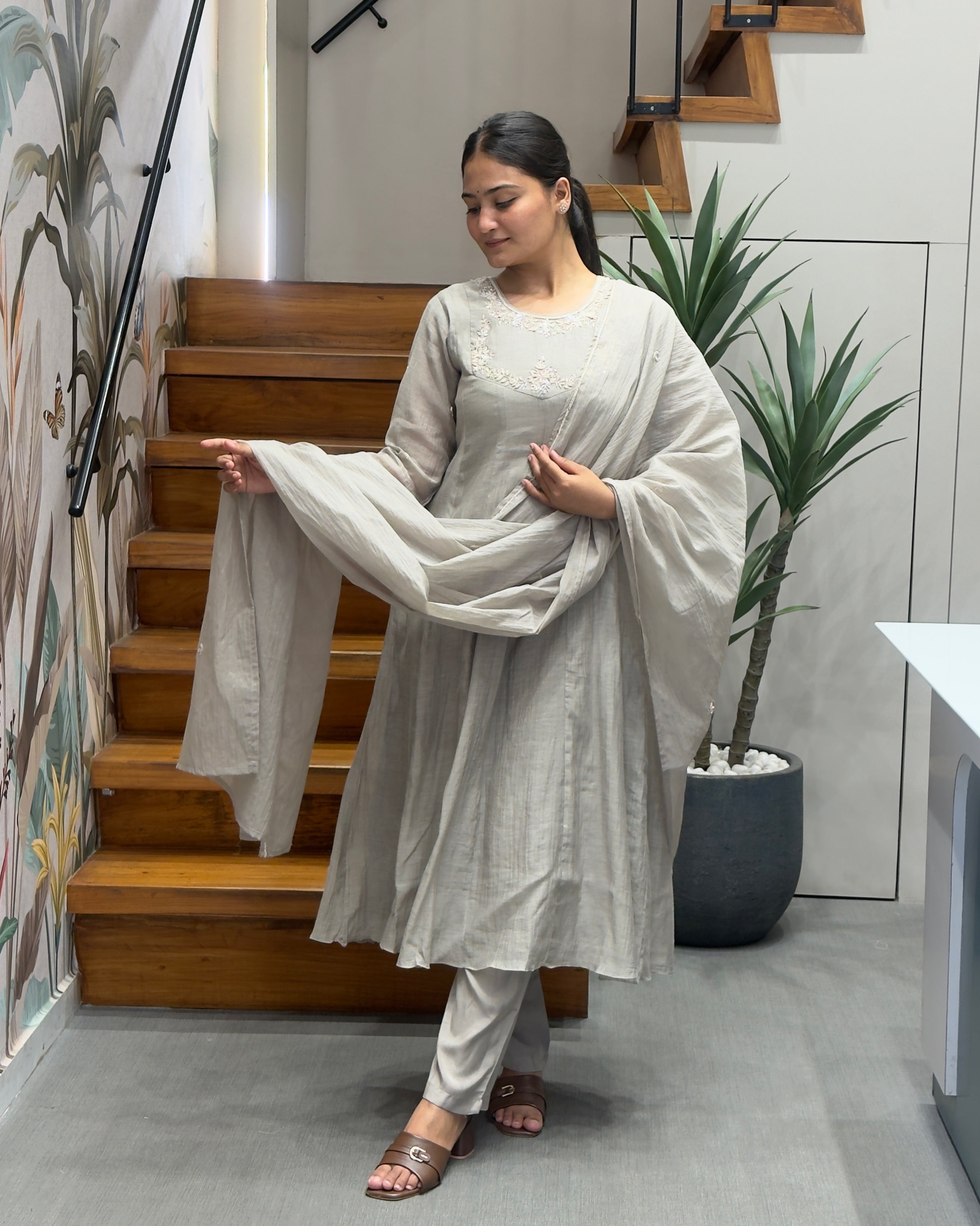 Elegant Light Grey Handworked Three Piece Set