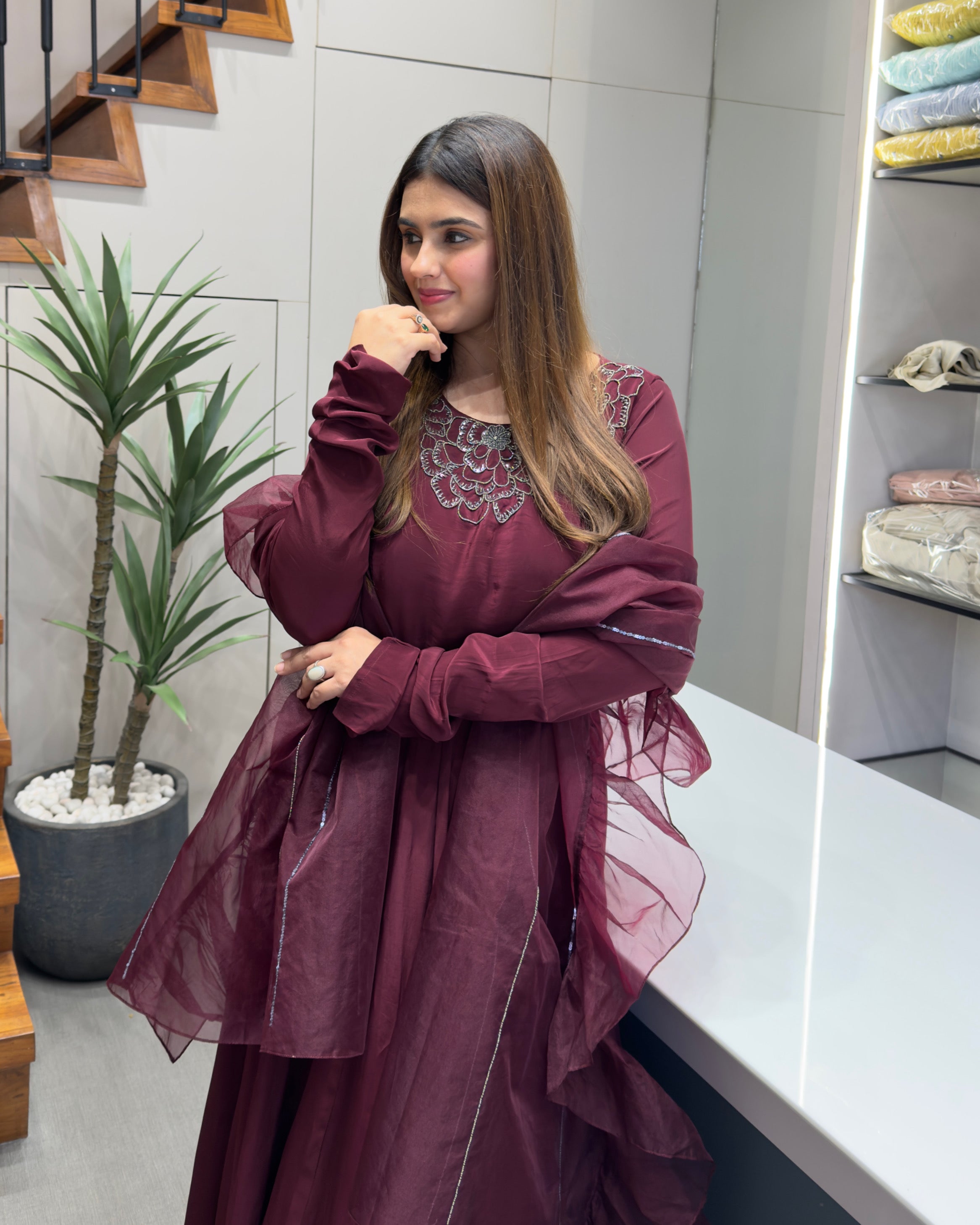 Wine Purple Handworked Flared Gown Set